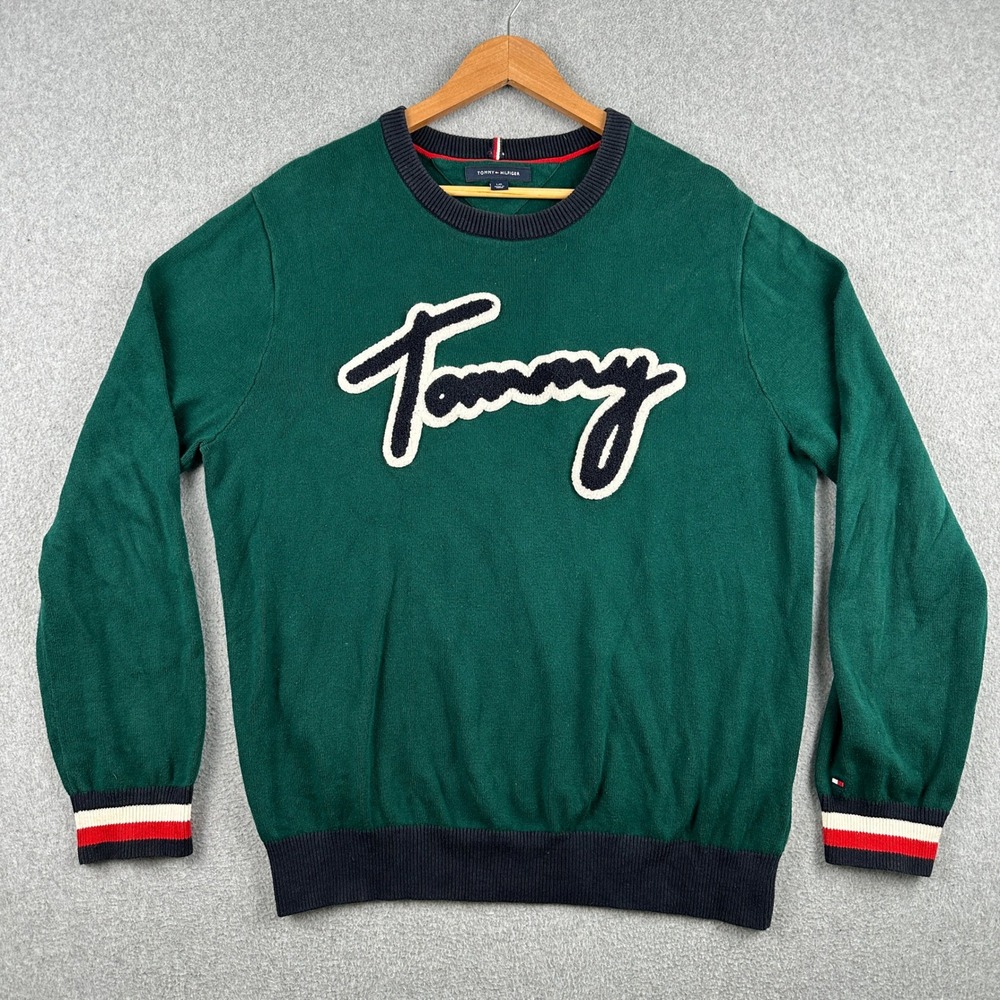 Tommy Hilfiger Sweater Mens L Green Chenille Logo Crewneck Cotton 78E1840